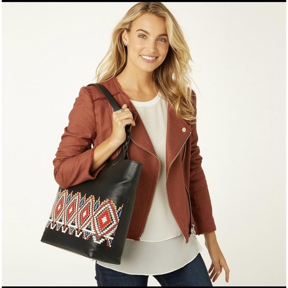 Brighton Africa Stories MASAI Embroidered Black Leather Tote Handbag MSRP $425 - Picture 4 of 4